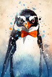 Penguin with red bow tie and watercolor splashes on it. Generative AI.
