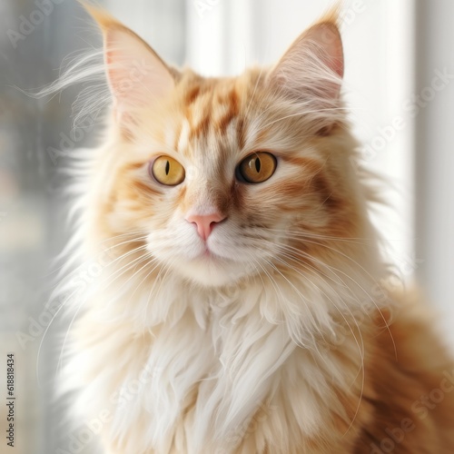 Portrait of a cream color LaPerm cat sitting in a light room beside a window. Closeup face of a beautiful LaPerm cat at home. Portrait of a cream LaPerm cat with thick fur looking at the camera.
