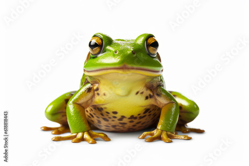 Green frog sitting on top of white floor next to white wall. Generative AI.