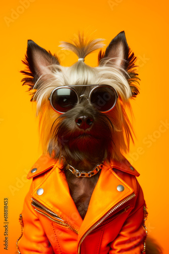 Dog wearing sunglasses and leather jacket with chain around its neck. Generative AI.