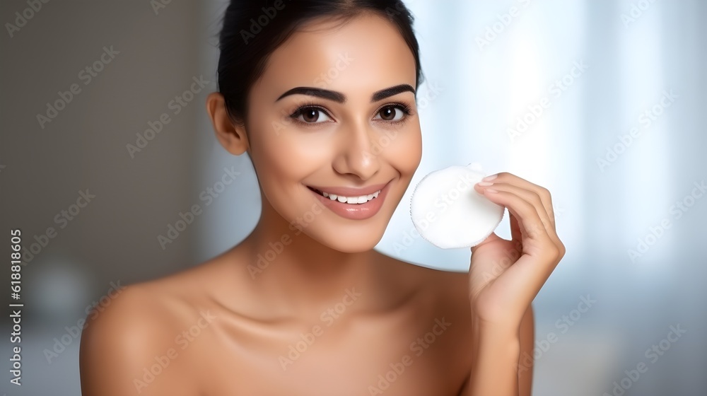 Skincare, cotton pad and portrait of Asian Indian woman on white background for dermatology, wellness and healthy skin. Spa aesthetic, face of girl with swab for makeup, facial treatment, AI Generated Skincare, cotton pad and portrait of Asian Indian woman on white background for dermatology, wellness and healthy skin. Spa aesthetic, face of girl with swab for makeup, facial treatment, AI Generated