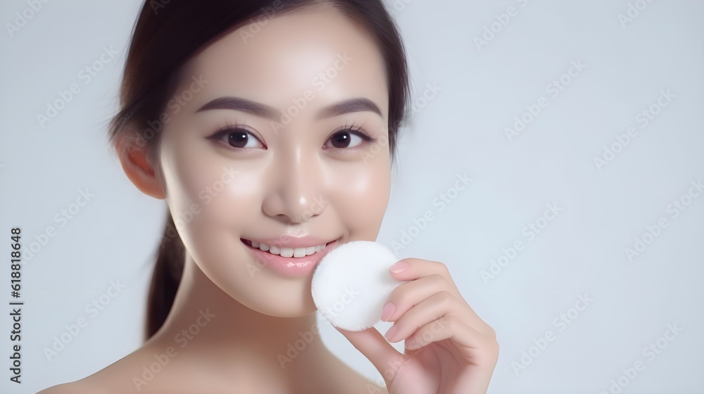 Skincare, cotton pad and portrait of Asian woman on white background for dermatology, wellness and healthy skin. Spa aesthetic, face of girl with swab for makeup, facial treatment, AI Generated Skincare, cotton pad and portrait of Asian woman on white background for dermatology, wellness and healthy skin. Spa aesthetic, face of girl with swab for makeup, facial treatment, AI Generated