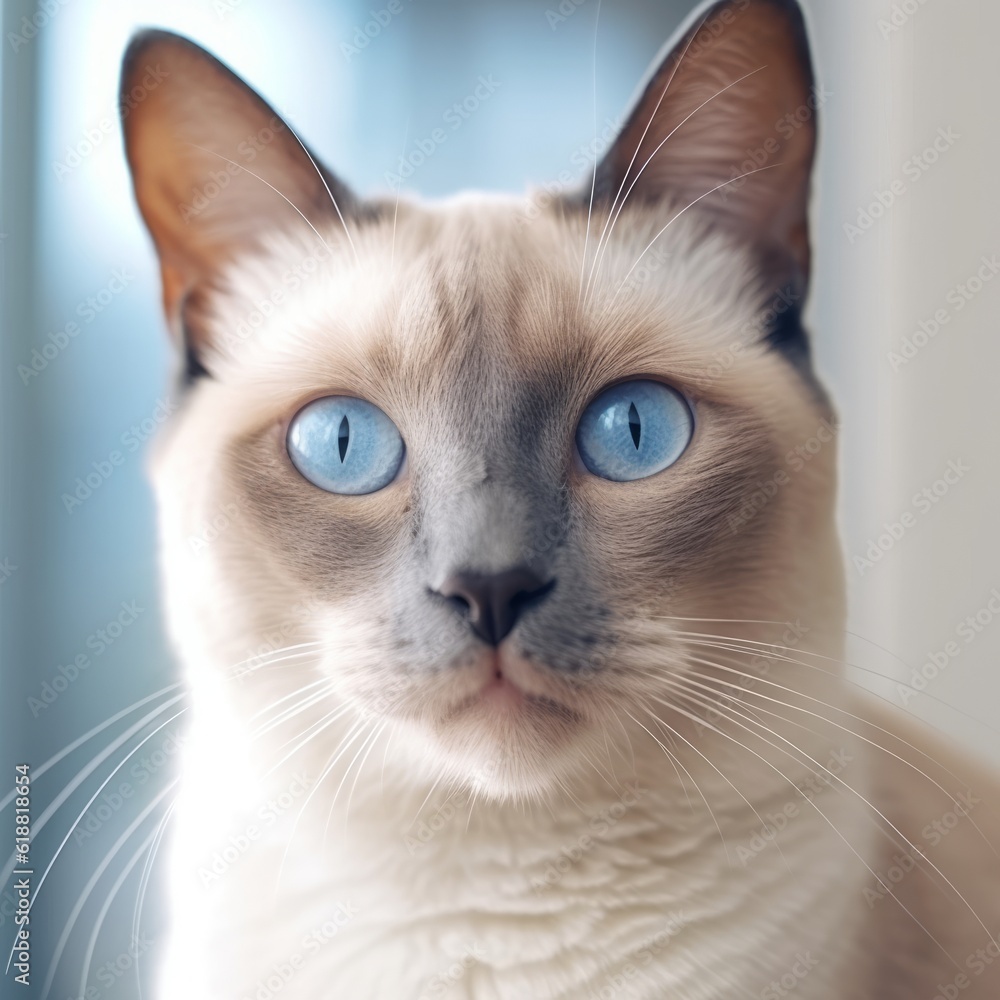 Portrait of a lilac point Siamese cat sitting in a light room beside a window. Closeup face of a beautiful Siamese cat at home. Portrait of a Siamese cat with sleek fur looking at the camera.