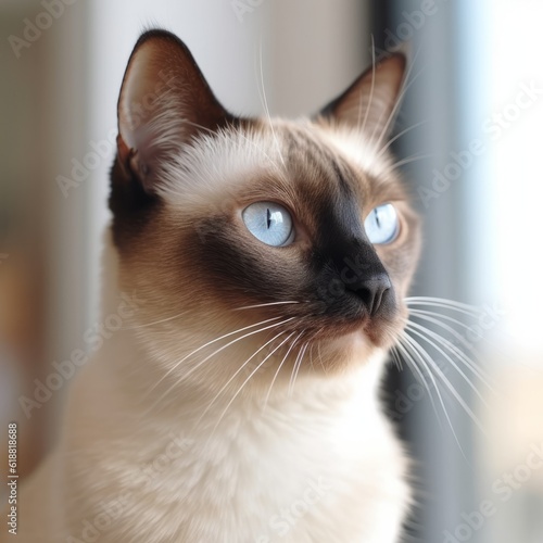 Profile portrait of a seal point Siamese cat sitting beside a window in a light room with blurred background. Closeup face of a beautiful Siamese cat at home. Portrait of Siamese cat with sleek fur. © Valua Vitaly