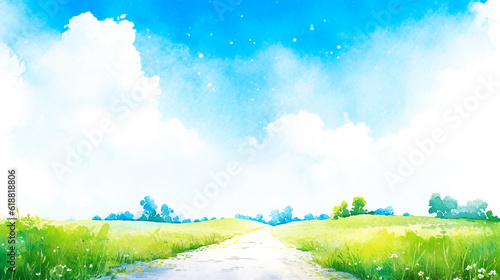 青空と平原を続く細い道の水彩イラスト背景　Generative AI