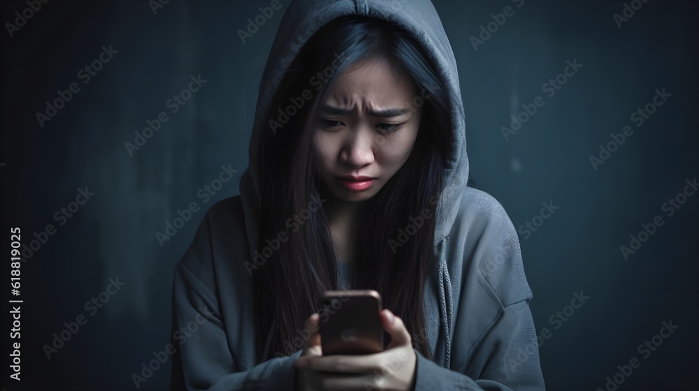 Front view portrait of a sad, depressed, crying Asian woman checking, looking at phone sitting on the floor in the living room at home, received negative news, dark background, AI Generated Front view portrait of a sad, depressed, crying Asian woman checking, looking at phone sitting on the floor in the living room at home, received negative news, dark background, AI Generated