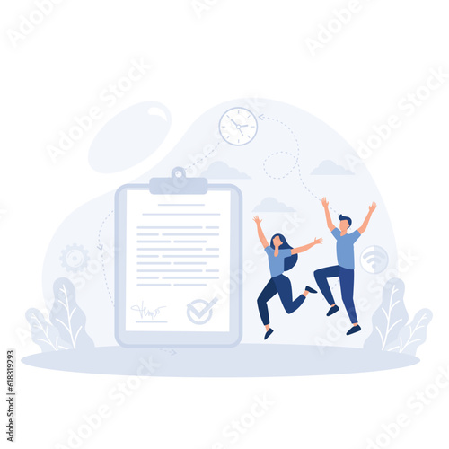 Credit agent holds loan approval application document with approved stamp in hand , flat vector modern illustration