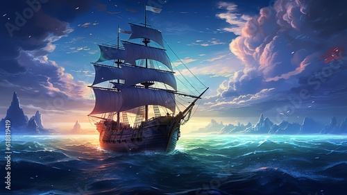 art illustration of big ancient pirate ship sailing on rough sea, Generative Ai photo