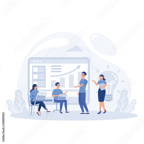 manager at remote work, searching for new ideas solutions, working together in the company, brainstorming, flat vector modern illustration