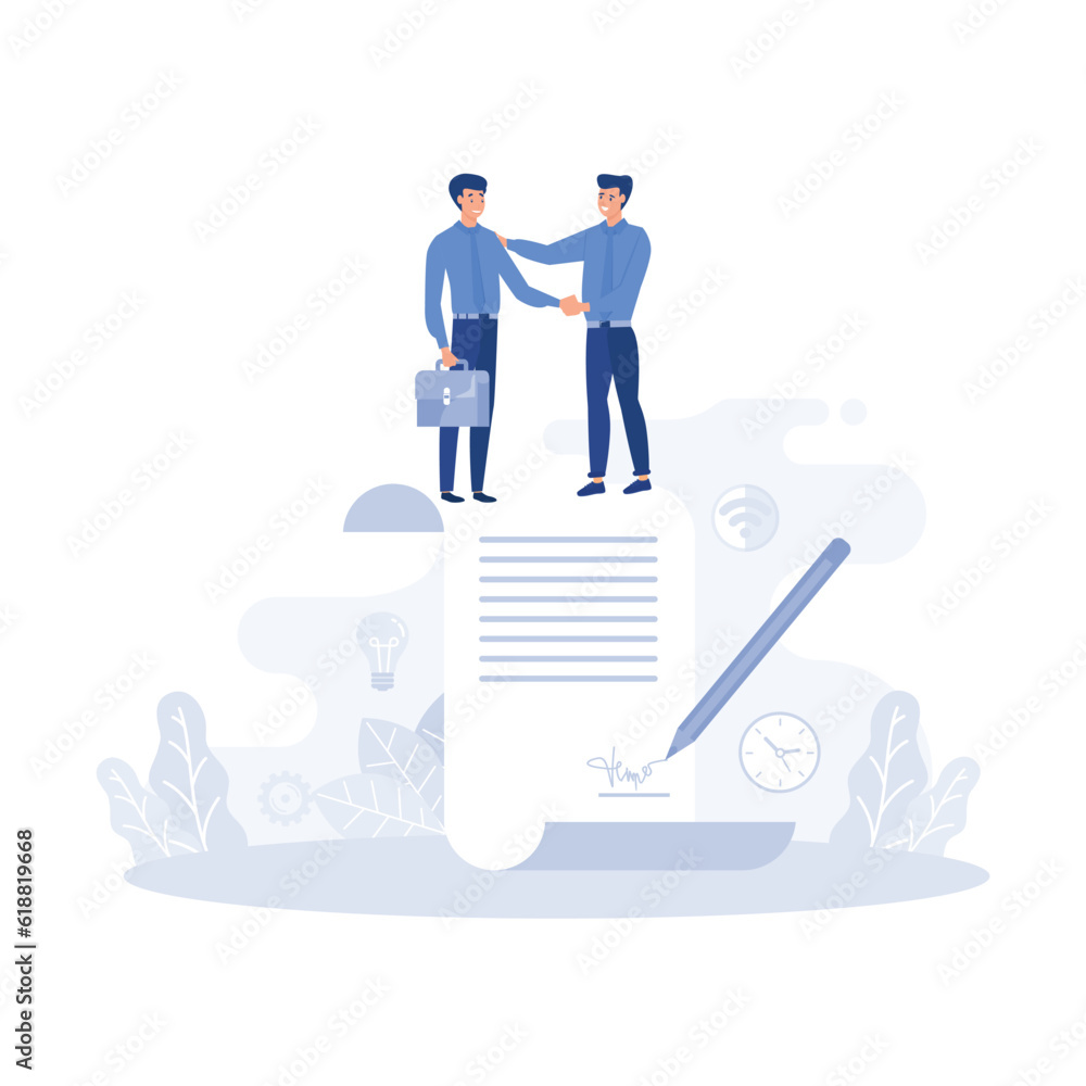 Agreement. Business people standing on a signed contract, flat vector modern illustration