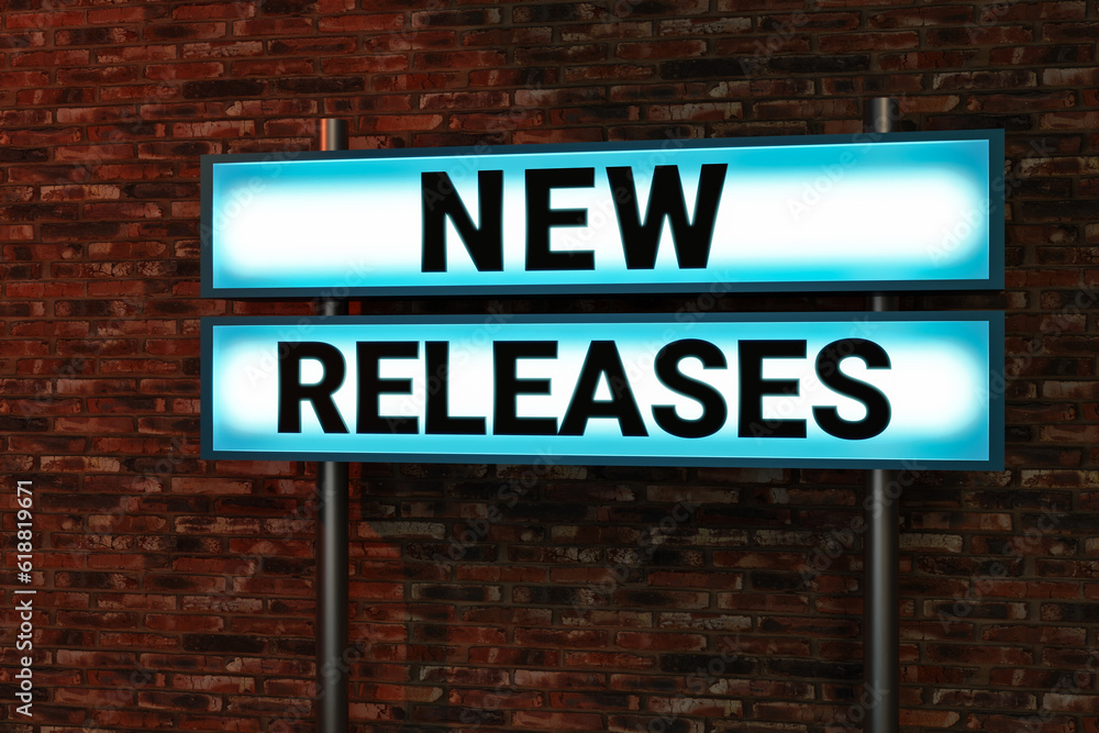 New releases. Black letters on a blue illumintaed light box, red brick wall. Update, new ersion, business, product, software, process, announcement, marketing. 3D illustration New releases. Black letters on a blue illumintaed light box, red brick wall. Update, new ersion, business, product, software, process, announcement, marketing. 3D illustration