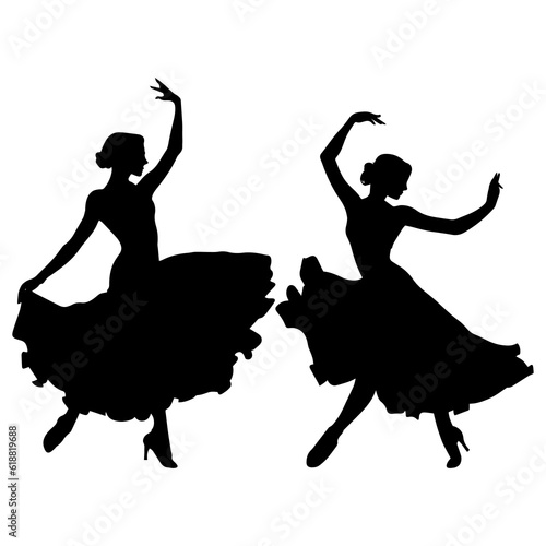 Vector illustration. Silhouette of two girls in dance. Ball gown.