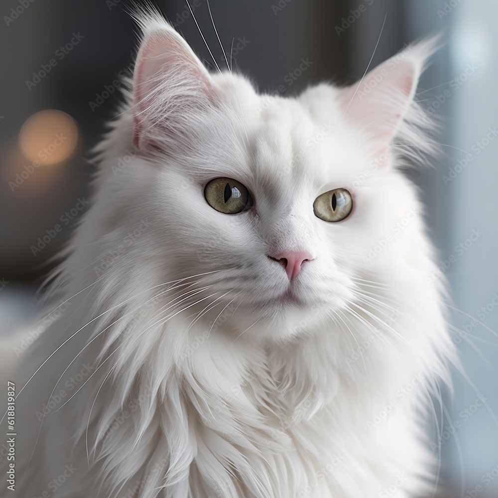 portrait-of-a-white-norwegian-forest-cat-sitting-in-a-light-room-beside