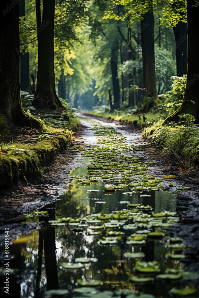 Obraz premium Summer, The sun shines brightly, Forest path. AI generative