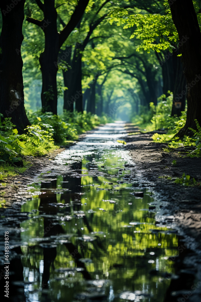 Obraz premium Summer, The sun shines brightly, Forest path. AI generative