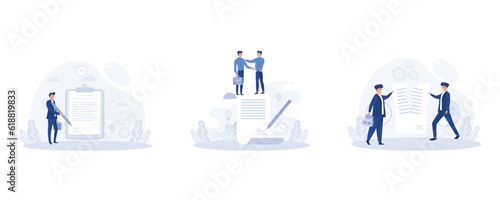 Businessman signing a contract, Business people standing on a signed contract, Cancellation of a contract, set flat vector modern illustration