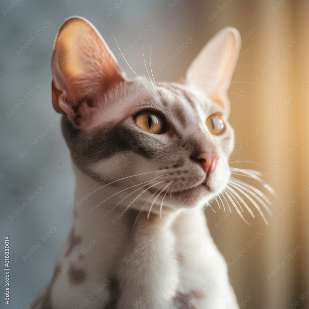 Profile portrait of a cream color Oriental Shorthair cat sitting beside a window in a light room with blurred background. Close up face of a beautiful Oriental Shorthair cat with sleek fur at home.