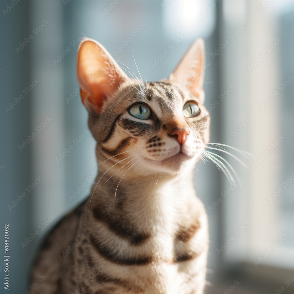 Portrait of a tabby Oriental Shorthair cat sitting in a light room beside a window. Closeup face of a beautiful Oriental Shorthair cat at home. Portrait of a cute striped cat looking outside a window. Portrait of a tabby Oriental Shorthair cat sitting in a light room beside a window. Closeup face of a beautiful Oriental Shorthair cat at home. Portrait of a cute striped cat looking outside a window.