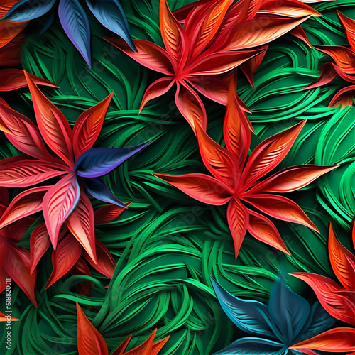 Abstract background organic design of tropical leaves and flowers. Modern colorful tropical floral pattern. AI generated