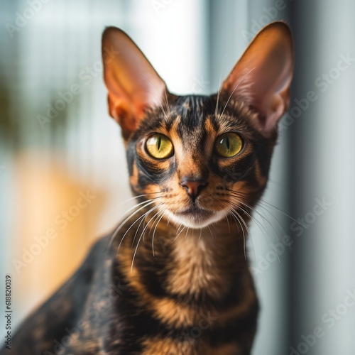 Portrait of a tortoiseshell Oriental Shorthair cat sitting in a light room beside a window. Closeup face of a beautiful Oriental Shorthair cat at home. Portrait of a cute cat looking at the camera.