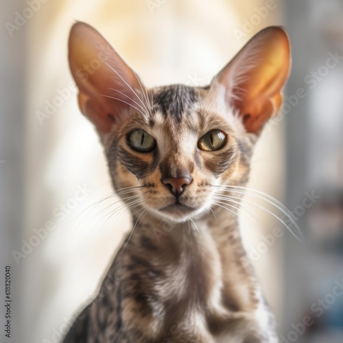 Portrait of a tortoiseshell Oriental Shorthair cat sitting in a light room beside a window. Closeup face of a beautiful Oriental Shorthair cat at home. Portrait of a cute cat looking at the camera.