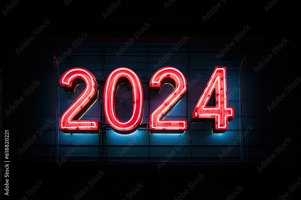 Number 2024, flickering red neon sign illuminates a vibrant blue wall, happy new year future is comming Number 2024, flickering red neon sign illuminates a vibrant blue wall, happy new year future is comming