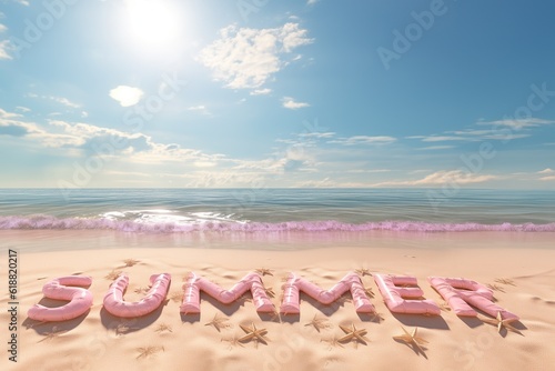Word SUMMER, soft pink love letter on the shore, surrounded by starfish and the gentle waves of the sea, captures the beauty of a moment in time, happy summer time, relax, vacation sun mode