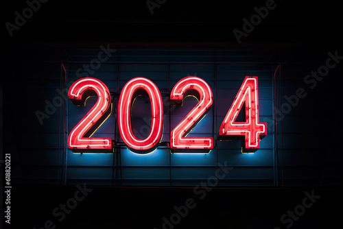 Number 2024, flickering red neon sign illuminates a vibrant blue wall, happy new year future is comming