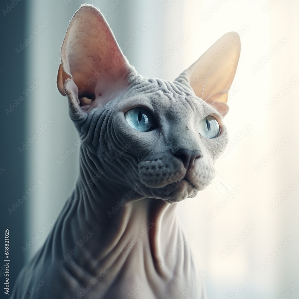 Portrait of a blue Sphynx cat sitting in a light room beside a window. Closeup face of a beautiful Sphynx cat at home. Portrait of a cute bare-skinned Sphynx cat with silky fur looking out a window.