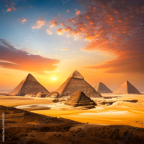 Illustration created by AI generator of Egyptian landscape with famous pyramids