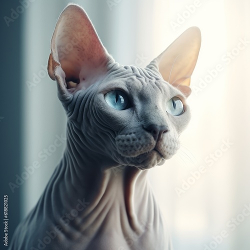 Portrait of a blue Sphynx cat sitting in a light room beside a window. Closeup face of a beautiful Sphynx cat at home. Portrait of a cute bare-skinned Sphynx cat with silky fur looking out a window. © Valua Vitaly