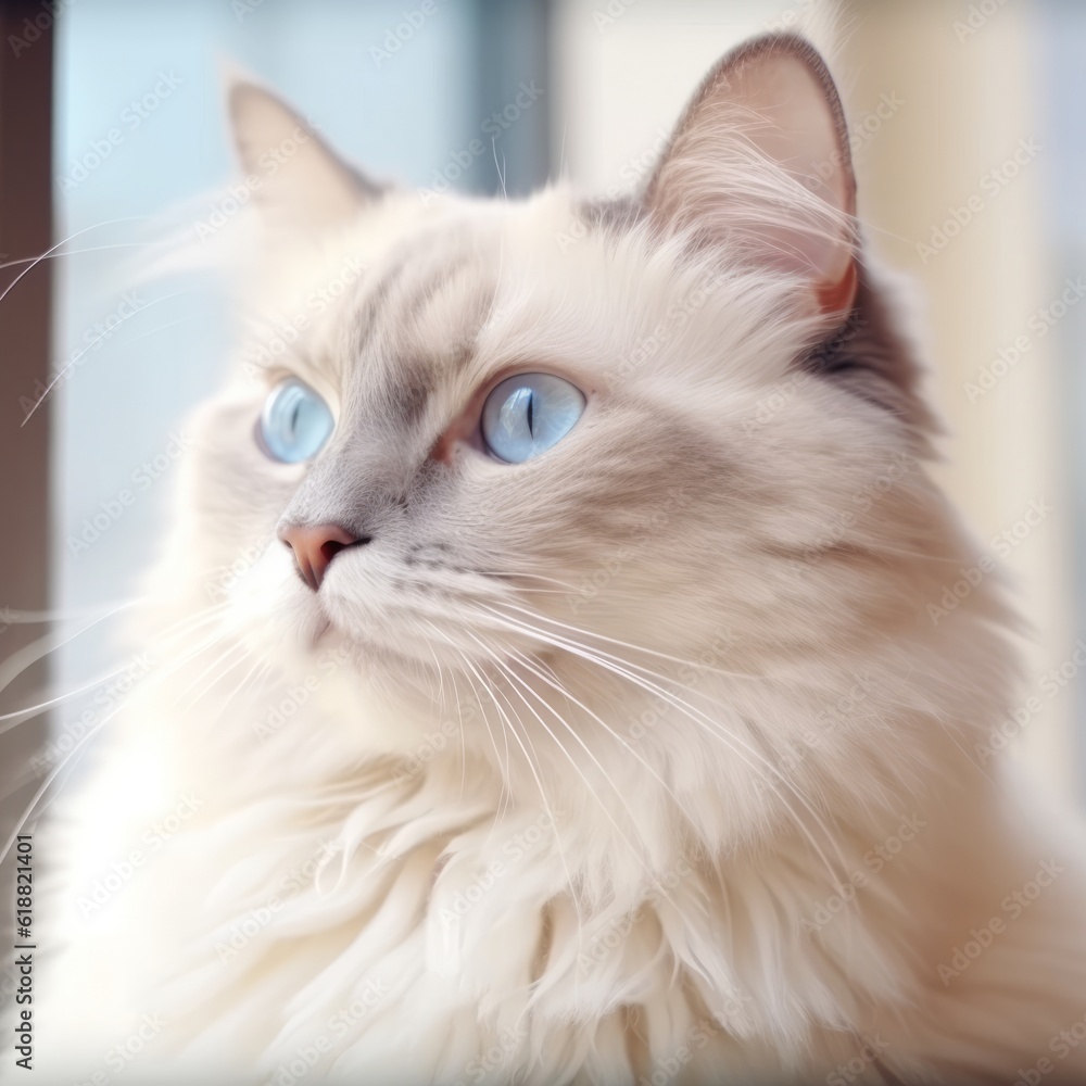 Portrait of a lilac point Ragdoll cat sitting in a light room beside a window. Closeup face of a beautiful Ragdoll cat at home. Portrait of a cute Ragdoll cat with sleek fur looking outside the window