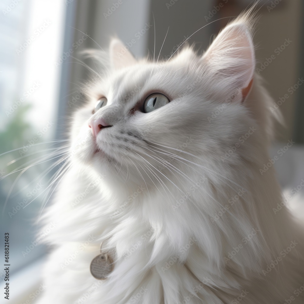 Portrait of a white Siberian Cat sitting in a light room beside a window. Closeup face of a beautiful Siberian Cat at home. Portrait of cute Siberian Cat with thick white fur looking outside a window.