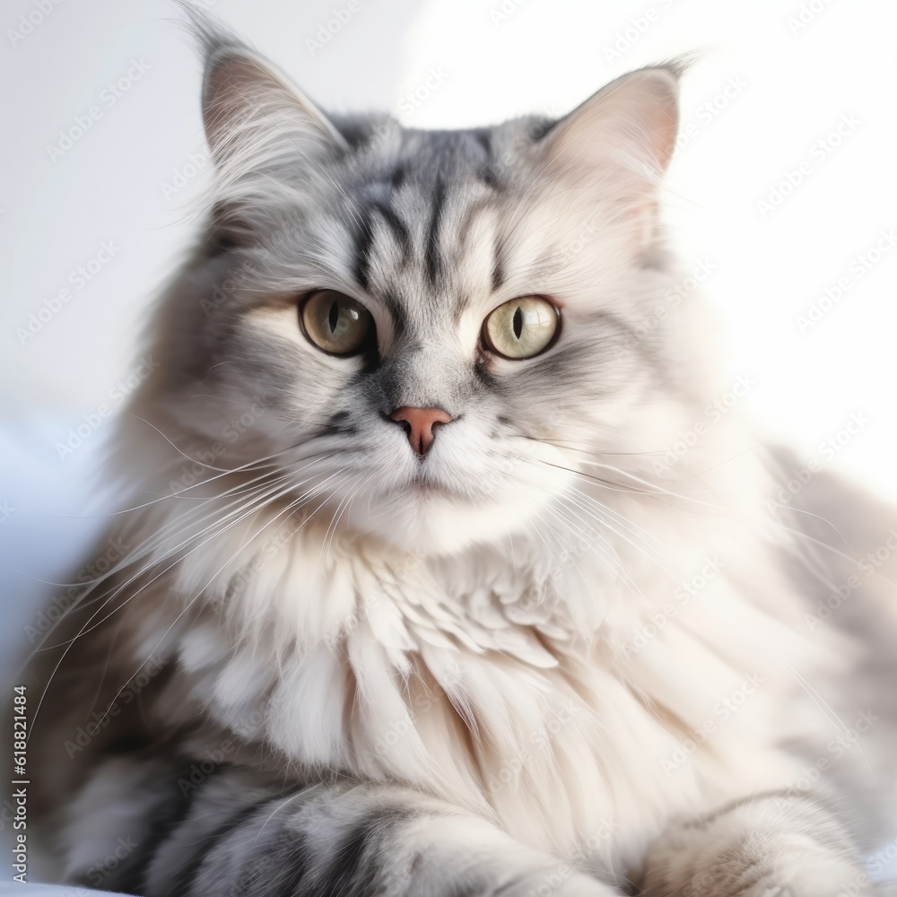 Portrait of a silver Siberian Cat lying in a light room beside a window. Closeup face of a beautiful Siberian Cat at home. Portrait of a cute Siberian Cat with puffy silver fur looking at the camera.