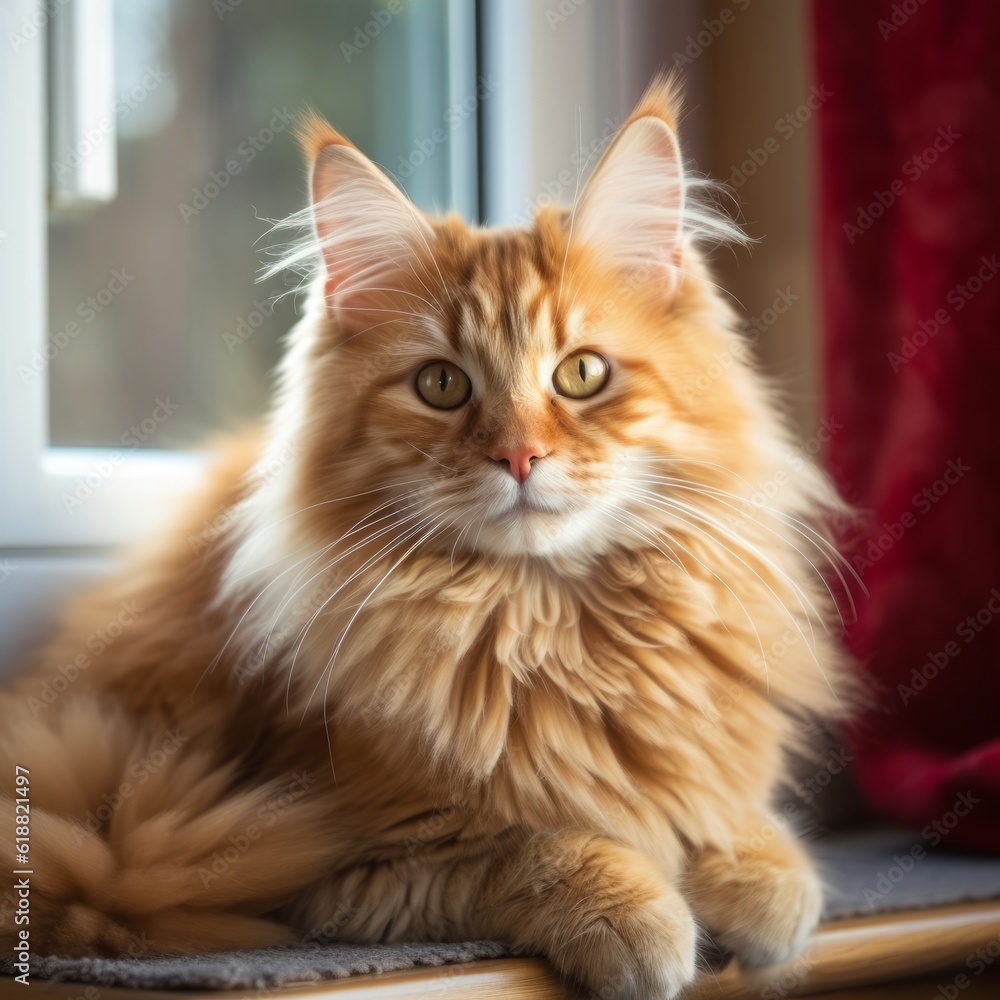 Portrait of a red Siberian Cat lying in a light room beside a window. Closeup face of a beautiful Siberian Cat at home. Portrait of a cute puffy Siberian Cat with thick red fur looking at the camera.