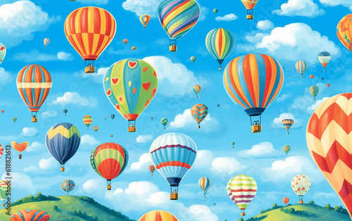 Numerous hot air balloons adorned with a colorful palette are soaring through the sky above the clouds. Generative AI