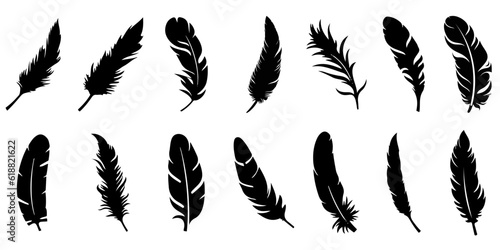 Feather icons. Set of black feather icons isolated. Feather silhouettes.