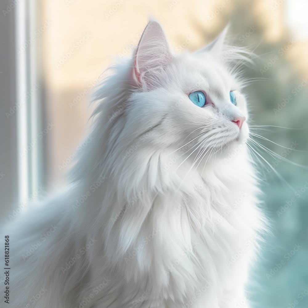 Portrait of a blue Turkish Angora cat sitting in a light room beside a window. Closeup face of a beautiful Turkish Angora cat at home. Portrait of cute cat with white blue fur looking outside a window