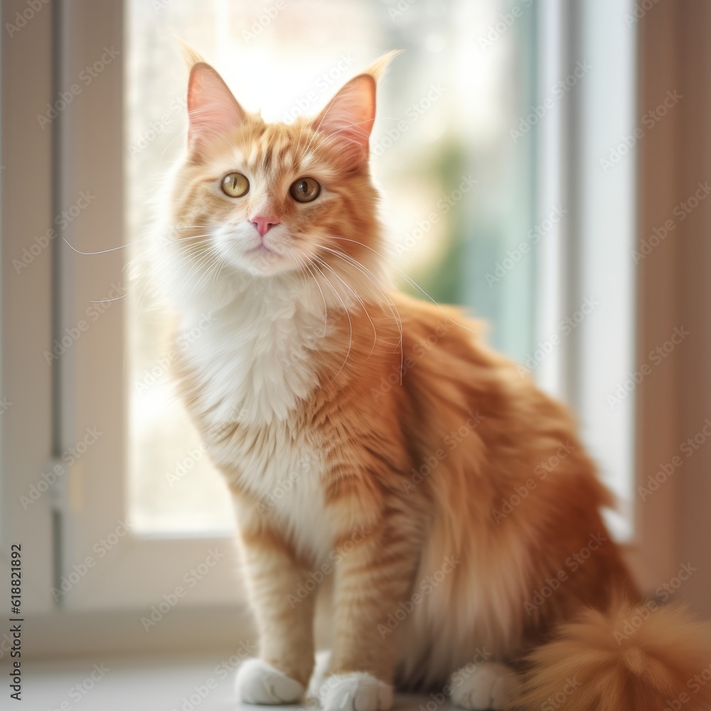 Portrait of a red Turkish Angora cat sitting in a light room beside a window. Closeup face of a beautiful Turkish Angora cat at home. Portrait of a ginger cat with puffy fur looking at the camera.