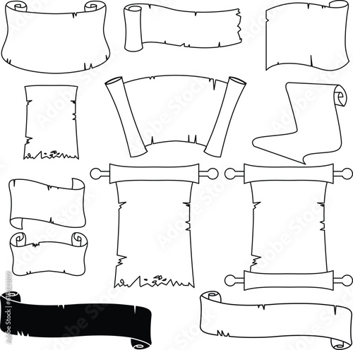 Set of black and white old paper scroll illustration