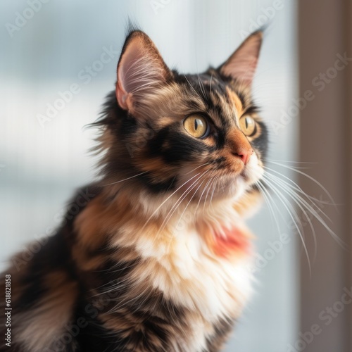 Portrait of a calico Turkish Angora cat sitting in a light room beside a window. Closeup face of a beautiful Turkish Angora cat at home. Portrait of a tortoiseshell cat looking outside the window.
