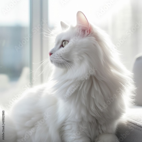 Portrait of a white Turkish Angora cat sitting in a light room beside a window. Closeup face of a beautiful Turkish Angora cat at home. Portrait of an adorable cat with puffy fur looking out a window