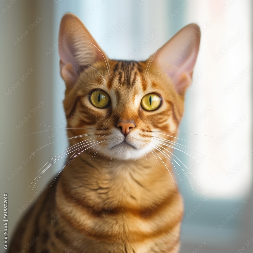 Portrait of a red Ocicat cat sitting in a light a room beside a window. Closeup face of a beautiful striped Ocicat cat at home. Portrait of a chocolate Ocicat cat with sleek fur looking at the camera.