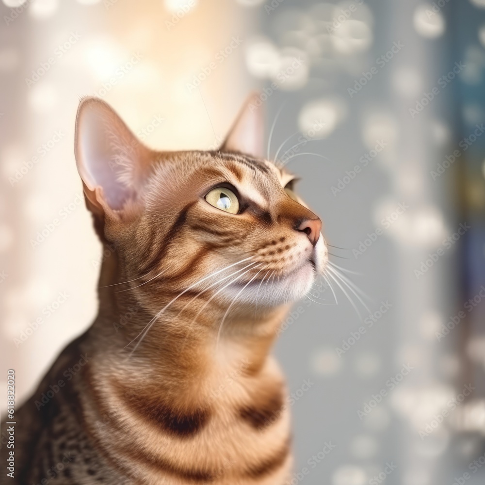 Portrait of a red Ocicat cat sitting in a light a room beside a window. Closeup face of a beautiful striped Ocicat cat at home. Portrait of a tabby chocolate Ocicat cat with sleek fur looking up.
