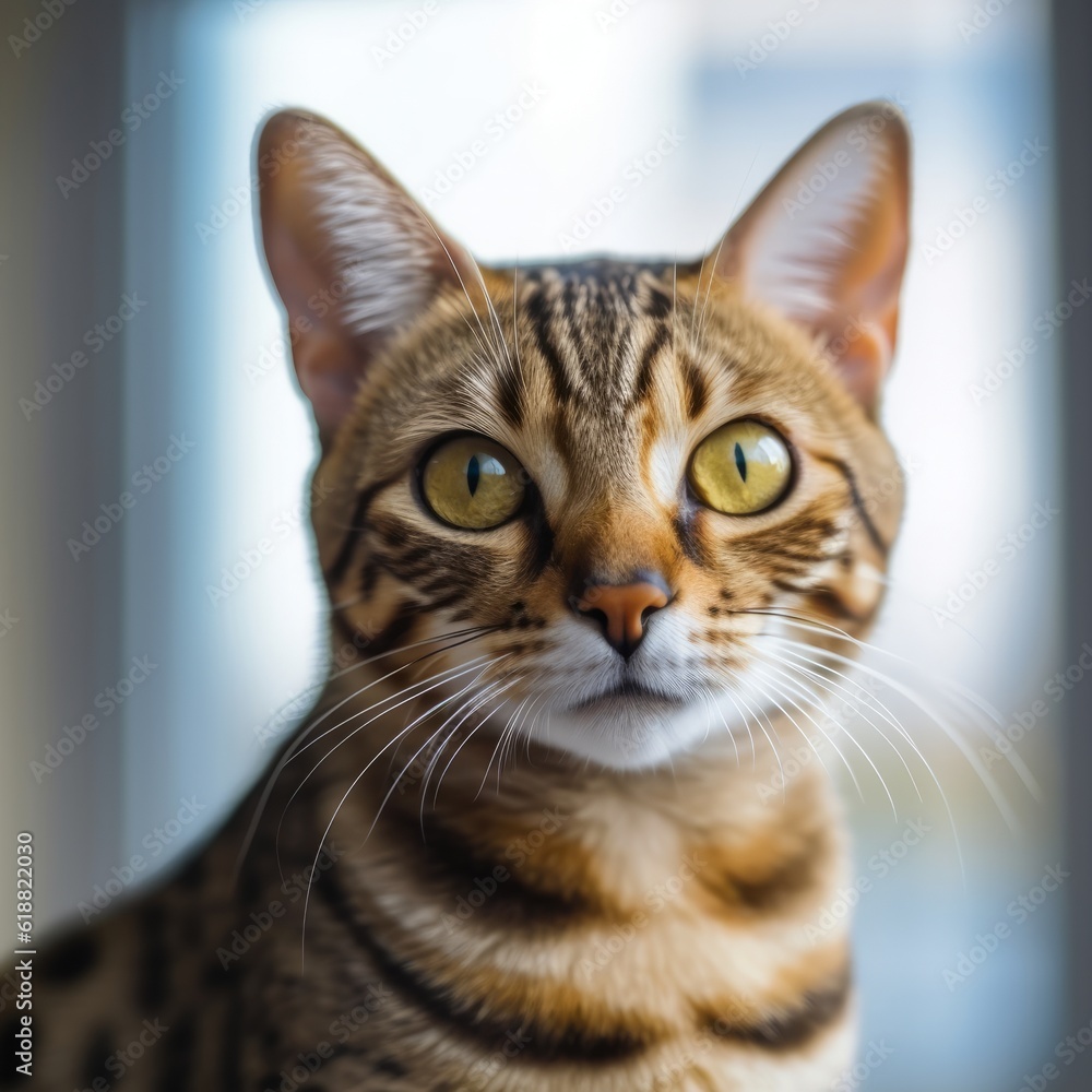 Portrait of a spotted Ocicat cat sitting in light a room beside a window. Closeup face of a beautiful striped Ocicat cat at home. Portrait of cute tabby cat with short sleek fur looking at the camera.