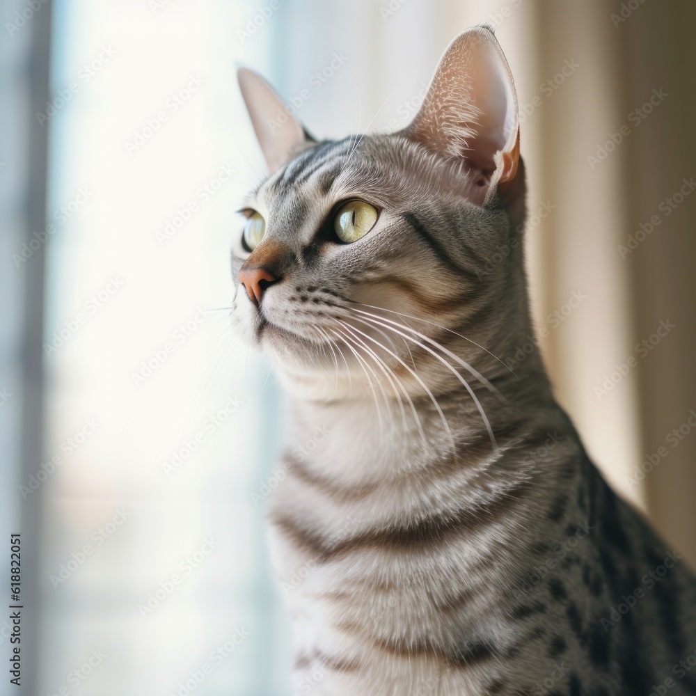 Portrait of a spotted silver Ocicat cat sitting in light a room beside a window. Closeup face of a beautiful striped Ocicat cat at home. Portrait of a cute gray cat with short fur looking out a window