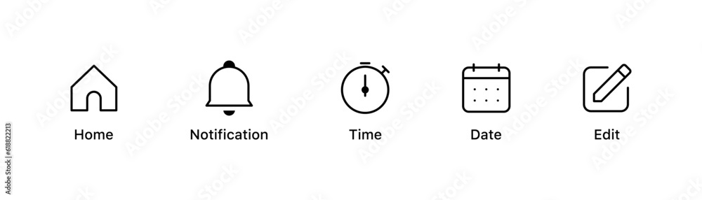 Address, home icon. Notification bell icon. Stopwatch timer icon. date Calendar icon. edit pen icon - Web icons set - obrazy, fototapety, plakaty 