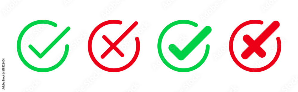 check mark icon button set. check box icon with right and wrong buttons and yes or no checkmark icons in green tick box and red cross. vector illustration check mark icon button set. check box icon with right and wrong buttons and yes or no checkmark icons in green tick box and red cross. vector illustration