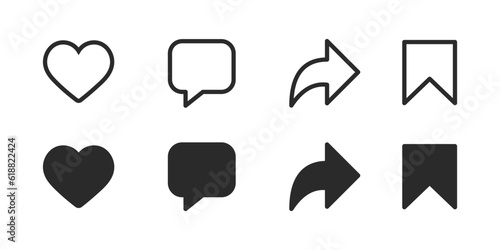 Like, comment, share and save icon set. social media notification icons , social network user interface flat icons, post reactions collection set. Vector illustration