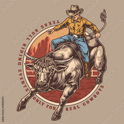 Bull riding colorful vintage sticker
